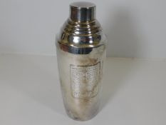 A silver plated cocktail shaker with inscribed rec