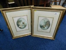 A pair of gilt framed prints, indistinctly signed