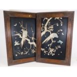 A pair of Chinese oak framed ivory, bone & mother