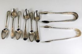 Two silver tongs & six silver spoons 138g
