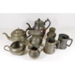 A quantity of mixed pewter items including a tea s