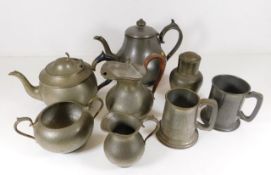 A quantity of mixed pewter items including a tea s