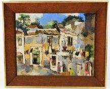 A framed oil by Annette Weld depicting village lif