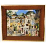 A framed oil by Annette Weld depicting village lif