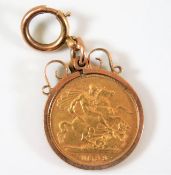 A Victorian 1899 half gold sovereign in mount 5.9g