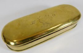 A Dutch brass tobacco case with inscribed date 174