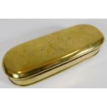 A Dutch brass tobacco case with inscribed date 174