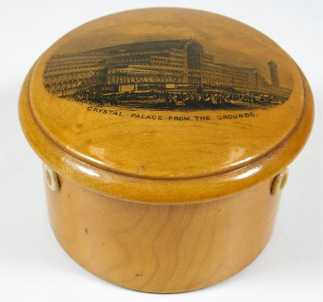 A Crystal Palace mauchline ware string box with iv