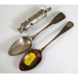 Two silver spoons, Thomas Dene, Georgian & a James