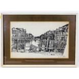A framed Fred Yates print of Looe harbour signed i
