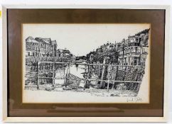 A framed Fred Yates print of Looe harbour signed i