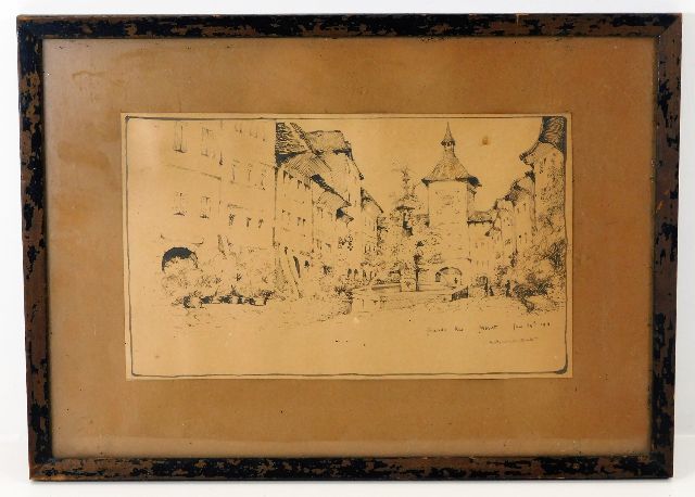 A framed pen & ink sketch of Grande Rue Morat by M