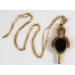 A 9ct gold watch winder & chain, fob with bloodsto