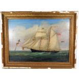 A framed oil of sail ship at sea in gilt frame tit