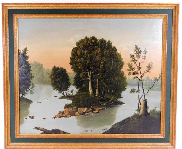 A framed 19thC. American provincial school oil on