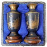 A pair of Chinese brass vases with lacquer decor &