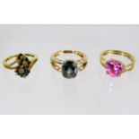 Three 9ct gold rings with mixed stones 11.4g