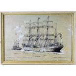 A framed pen & ink with highlights of sail ship ti