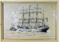 A framed pen & ink with highlights of sail ship ti