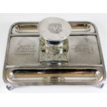 A railway related silver inkwell, top to glass jar loose (needs repair), inscribed Presented to Mr.