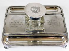 A railway related silver inkwell, top to glass jar loose (needs repair), inscribed Presented to Mr.