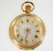 A ladies 18ct gold pocket watch with chased decor