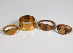 Three 9ct gold rings & one yellow metal 16.9g