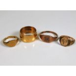 Three 9ct gold rings & one yellow metal 16.9g