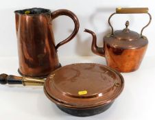 An early 19thC. jug 10in tall, an early 19thC. copper kettle & a Victorian copper bed pan twinned wi
