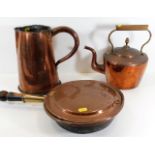 An early 19thC. jug 10in tall, an early 19thC. copper kettle & a Victorian copper bed pan twinned wi