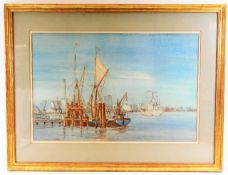 A framed watercolour of boats in harbour by Admira