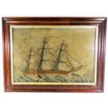 A 19thC. woolwork picture of sail ship with lighth