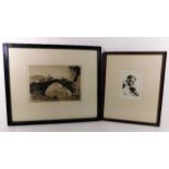Two framed indistinctly pencil signed etchings on
