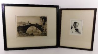 Two framed indistinctly pencil signed etchings on