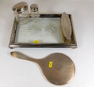 A silver mounted dressing table tray with mirror,