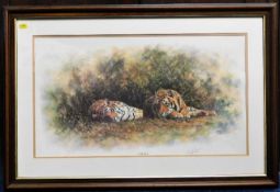 A framed Tony Forrest print of Tigers titled Lazy Days signed in pencil, image size 26in x 14.5in