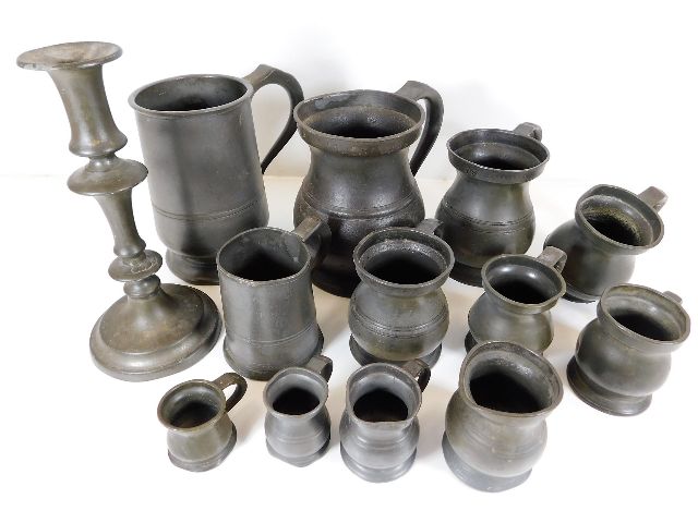 A quantity of mostly 19thC. pewter including pot b