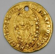 An 18thC. Venetian gold coloured ducat coin 21.5mm