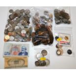 A quantity of varied loose coins, two banknotes &