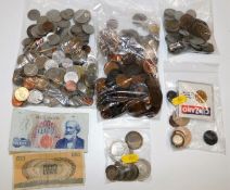 A quantity of varied loose coins, two banknotes &