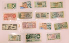 Fifteen British bank notes including fourteen bank