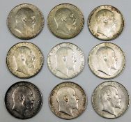 Nine high & very high grade Edward VII half crowns to include each year from 1902-1910 inclusive inc