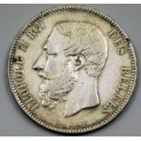 Belgian Leopold II silver coin 1868 37mm 24.8g