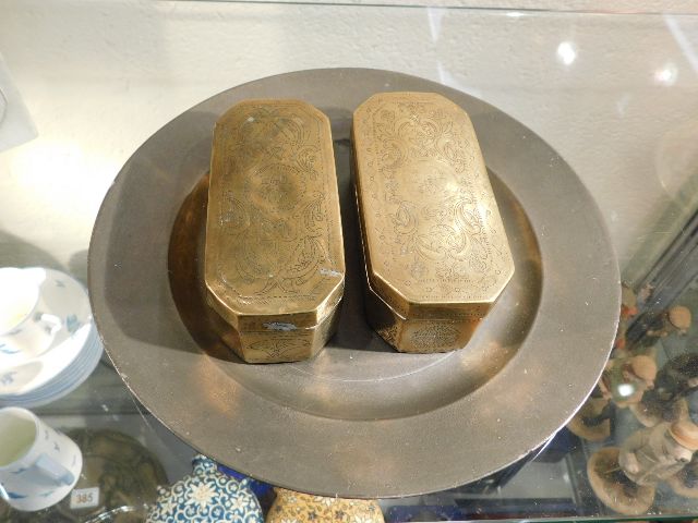 Two 18thC. Dutch brass tobacco boxes & a pewter pl