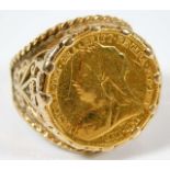A 9ct gold mounted half gold sovereign ring size O