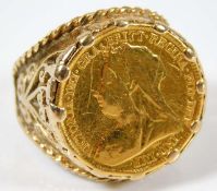 A 9ct gold mounted half gold sovereign ring size O