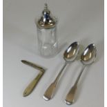 A silver topped sugar sifter, two silver spoons &