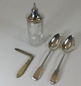 A silver topped sugar sifter, two silver spoons &