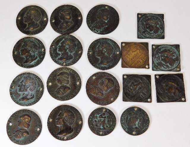 Eighteen early 20thC. bronze plaques of early coin