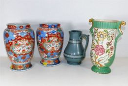 A pair of Chinese vases twinned with a Crown Devon